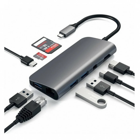 USB-концентратор Satechi Aluminum Type-C Multimedia Adapter (ST-TCMM8PA), разъемов: 4, space gray в Великом Новгороде