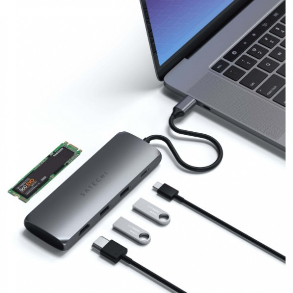 Док-станция Satechi USB-C Hybrid Multiport Adapter (with SSD Enclosure M.2 SATA, 2xUSB 3.1, USB Type-C, HDMI), Серый ST-UCHSEM в Великом Новгороде